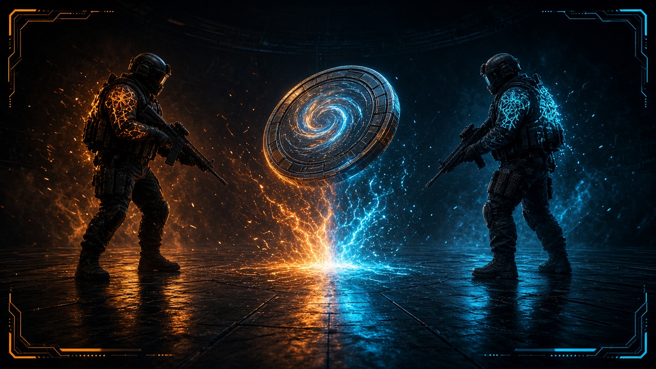 Two opposing CS2-inspired sides facing a central digital coinflip matchup