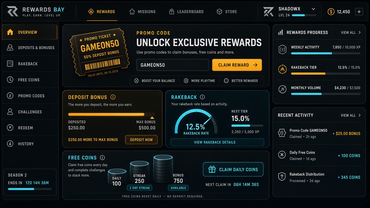 Rewards bay interface with promo tickets and bonus meters