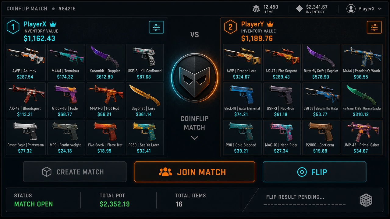 Two-sided inventory coinflip interface panel representing Clash.GG