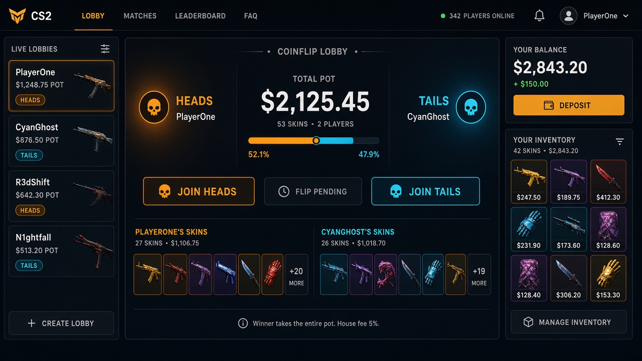 Coinflip-style match lobby interface panel representing CSGORoll