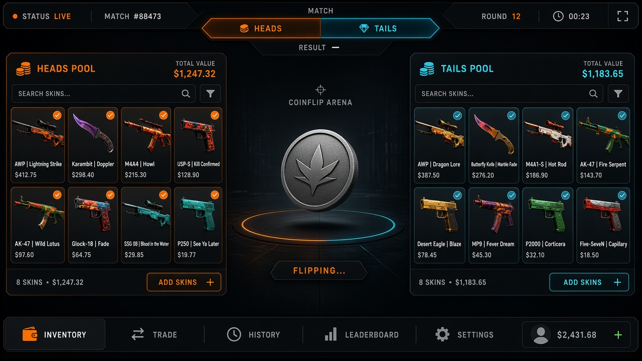 Twin skin-pool coinflip arena interface panel representing CSGOEmpire