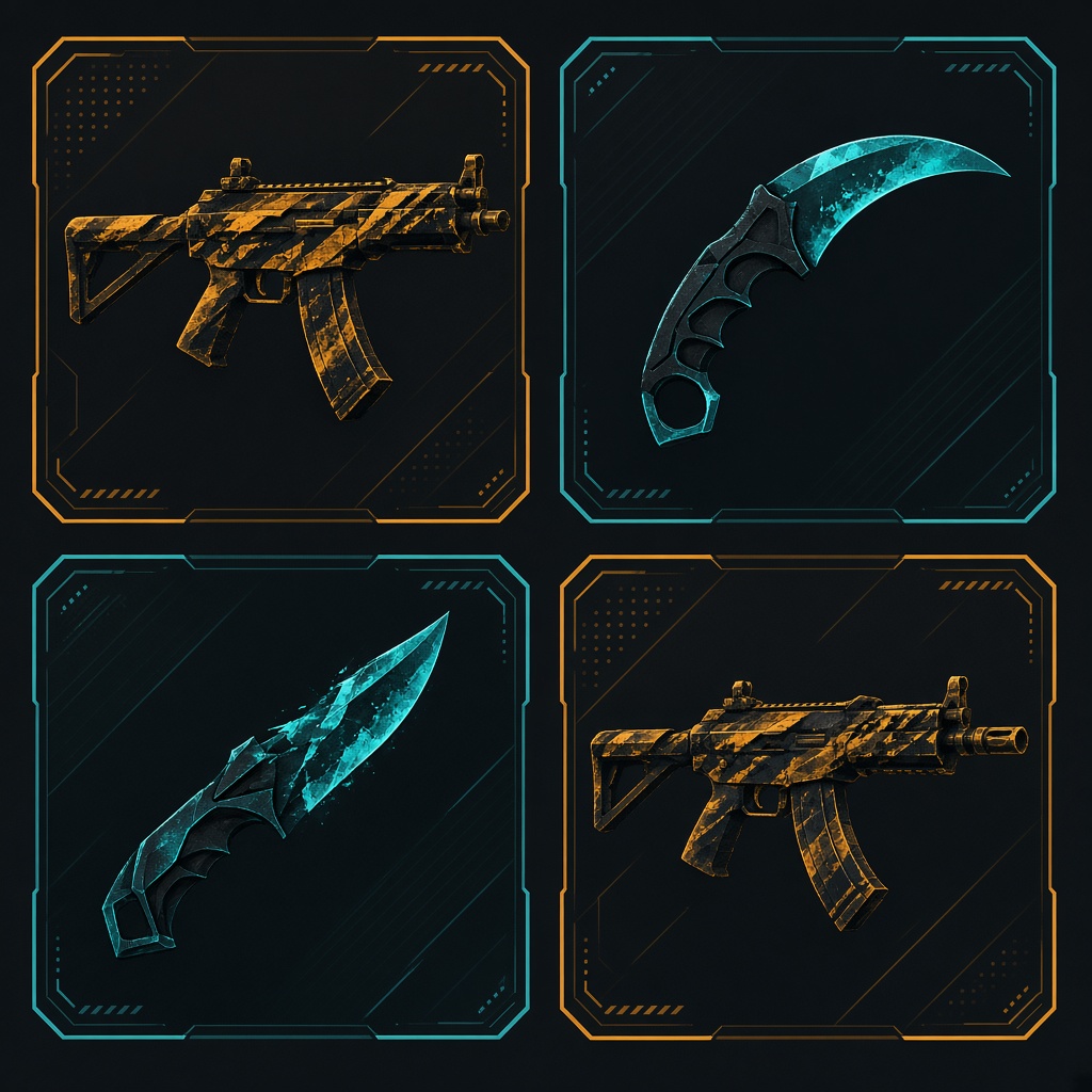 CS2 weapon skin inventory pool with amber and cyan frames