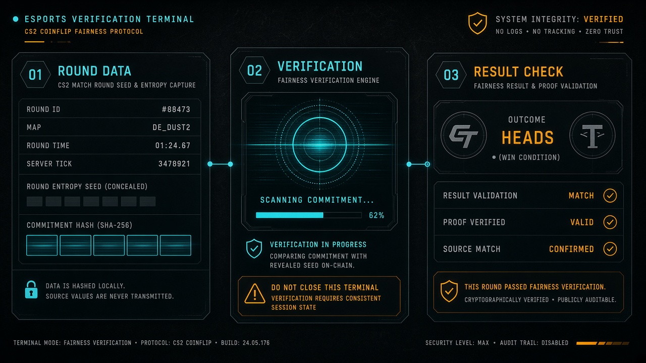 Verification terminal showing round data and result check panels